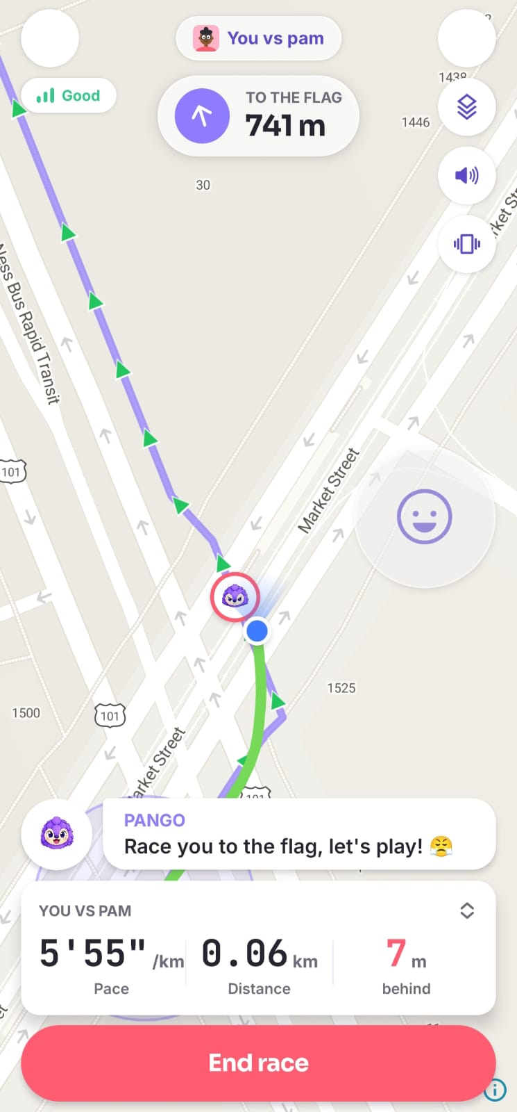 Capture-the-flag screens: a live race to the flag on a city map, and the head-to-head versus line-up