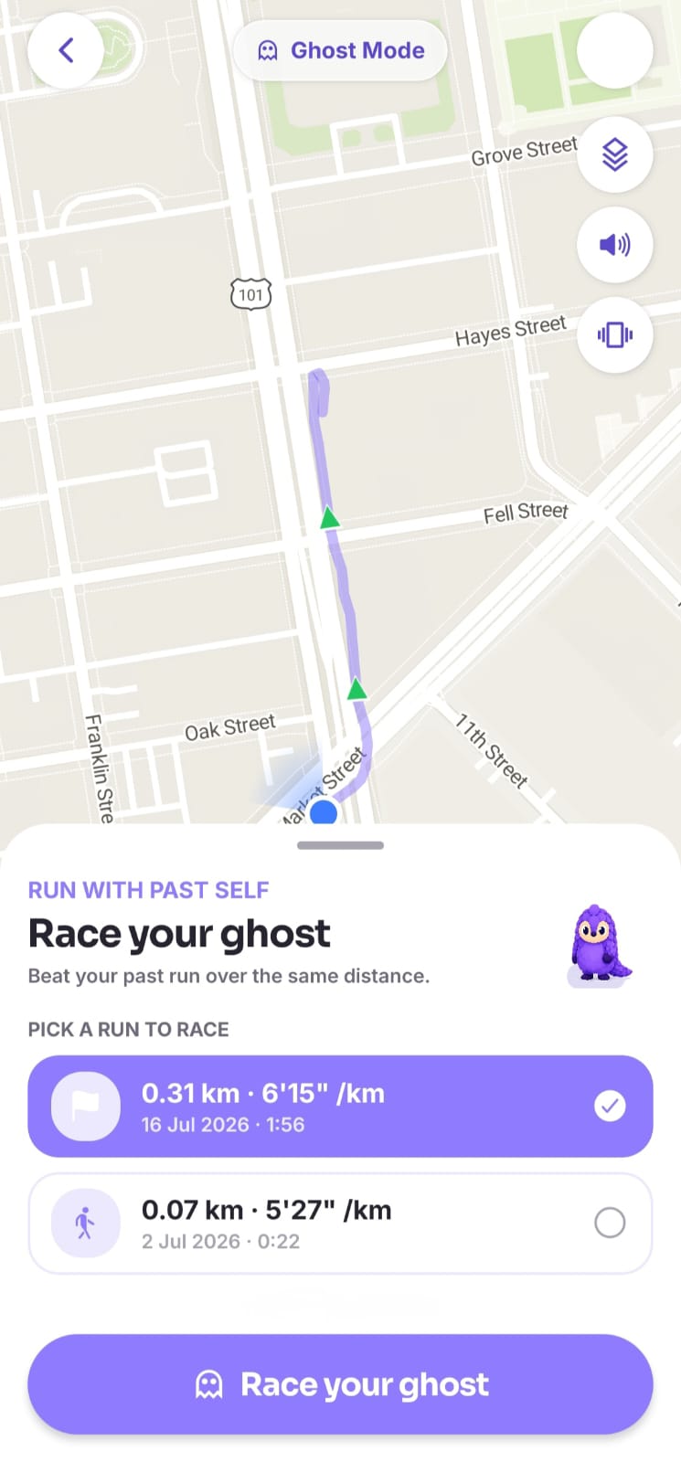 Ghost-mode screen picking a past run to race against on the map