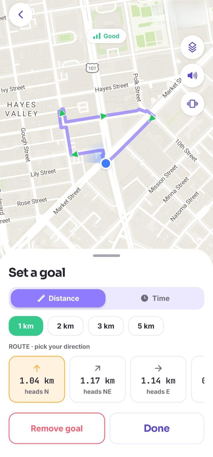 Smart route screens: setting a target distance and direction, then a generated loop ready to run